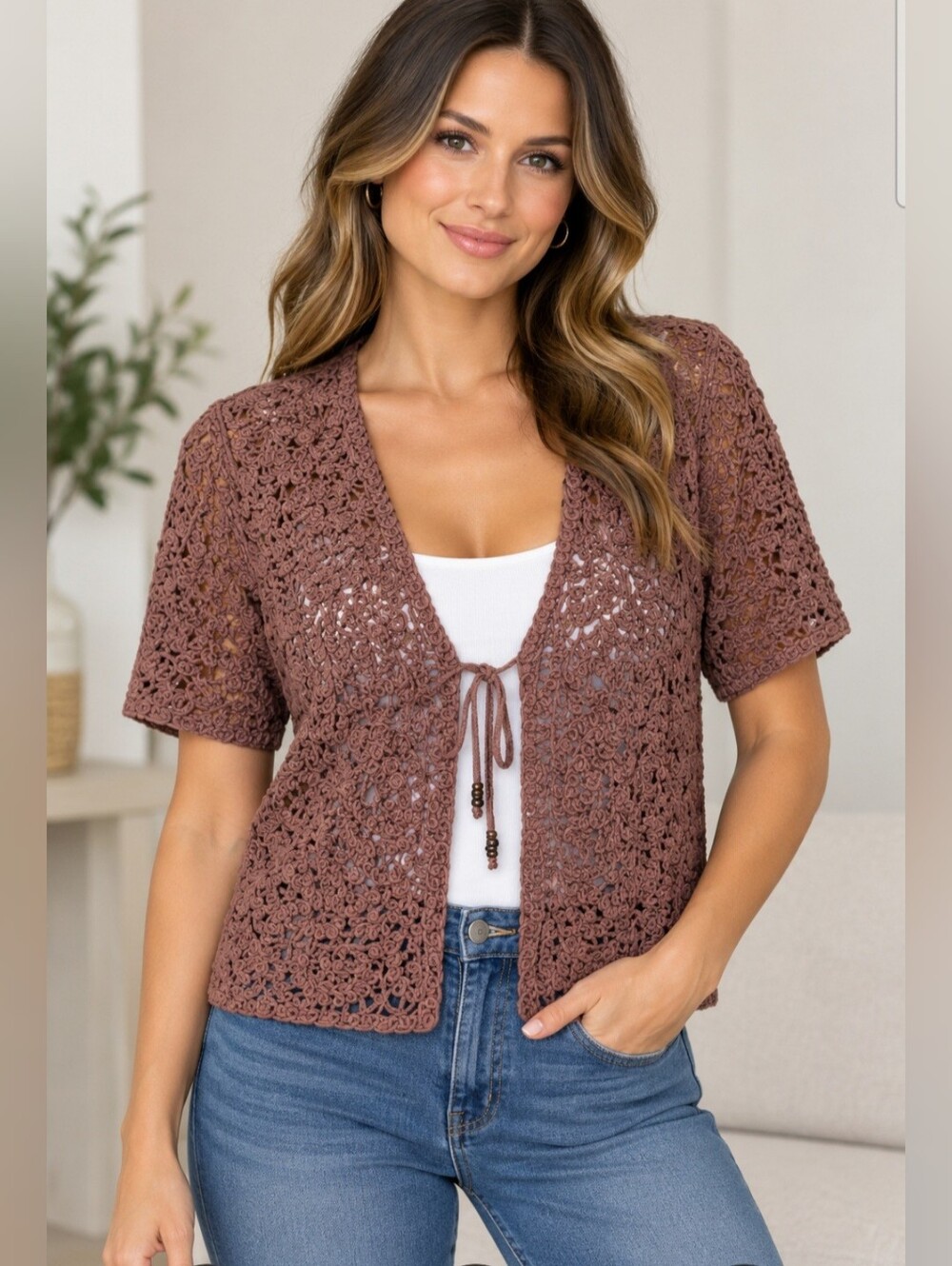 Alfred Dunner Brown Crochet Openwork Tie-Front Cardigan